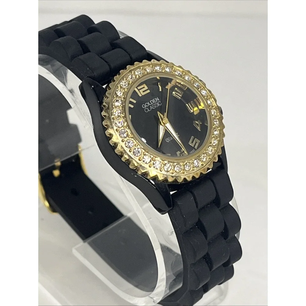 Golden Classic Women's Watch Crystal Bezel Black Silicone‎ Band- New Battery